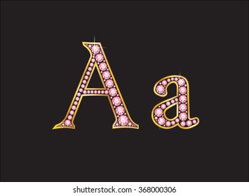 Aa in stunning rose quartz semi-precious round jewels set into a 2-level gold gradient channel setting, isolated on black. Vector EPS-10 file, transparency used. 