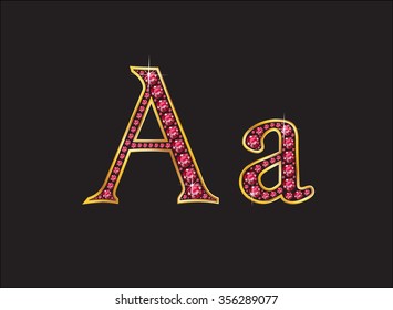 Aa in stunning ruby precious round jewels set into a 2-level gold gradient channel setting. Vector EPS-10 file, transparency used. 