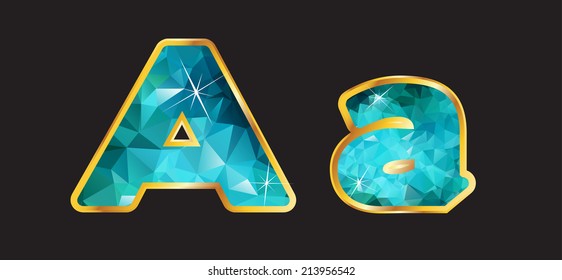 Aa in this series of letters made from 2 channels of gradient gold and a multi-layered teal aquamarine sparkling faceted interior. Vector EPS-10 file, transparency used.