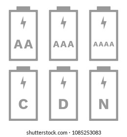 AAA, AAAA, AAAAA, C, D, N tamaño de la batería. Icono del vector.