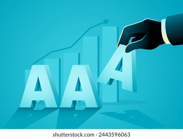 AAA rating achievement, vector illustration of hand placing the letter A on rising bar graph