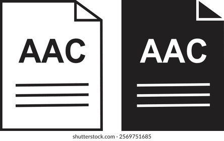 AAC file icon set. AAC file type symbol. File AAC format icon in black filled and outlined style isolated on transparent background. Ideal for technology or data related content, vector illustration.