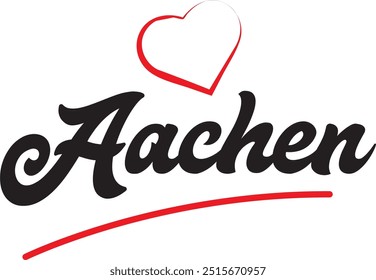 Diseño de texto de la ciudad de Aquisgrán con diseño de icono tipográfico de corazón rojo adecuado para la promoción turística