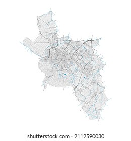 Aachen, North Rhine-Westphalia, Germany high resolution vector map with city boundaries and editable paths. White outlines for main roads. Many detailed paths. Blue shapes and lines for water.