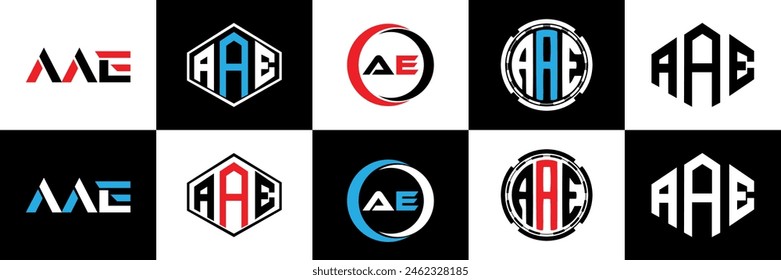AAE letter logo design in six style. AAE polygon, circle, triangle, hexagon, flat and simple style with black and white color variation letter logo set in one