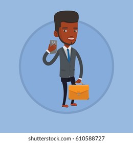 Aafrican business man making selfie. Man in suit making selfie with cellphone. Businessman looking at phone and making selfie. Vector flat design illustration in the circle isolated on background