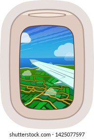 Aairplane window vector traveling by plane and porthole view in flight illustration tourism set of windowpane in aircraft transport and aeroplane isolated on white background
