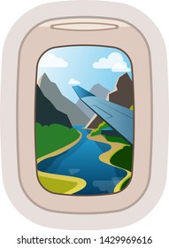 Aairplane window vector traveling by plane and porthole view in flight illustration tourism set of windowpane in aircraft transport and aeroplane isolated on white background