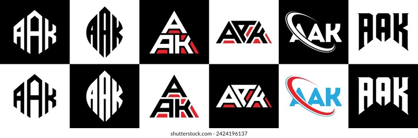 AAK letter logo design in six style. AAK polygon, circle, triangle, hexagon, flat and simple style with black and white color variation letter logo set in one artboard. AAK minimalist and classic logo