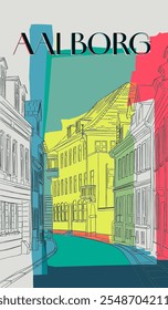 Aalborg abstract art city street poster. Vintage Danish town, graphic art vector background