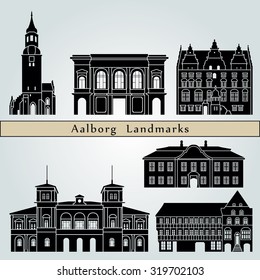 Aalborg landmarks and monuments isolated on blue background in editable vector file