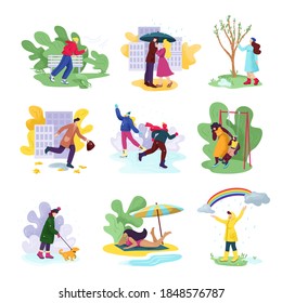 Aall four seasons and weather set of vector illustrations. People in seasonal clothes in windy autumn, snowy winter, rainy spring and sunny summer. Woman or man with umbrella, at beach.