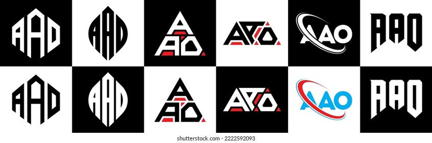 AAO letter logo design in six style. AAO polygon, circle, triangle, hexagon, flat and simple style with black and white color variation letter logo set in one artboard. AAO minimalist and classic logo