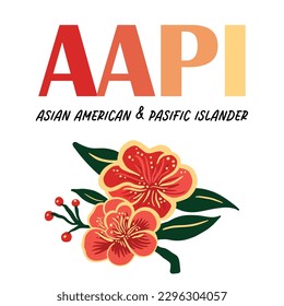 AAPI - Asian American Pasific Islander logo banner with asian style peony blossom. Logo for AAPI heritage month. Simple square greeting card.