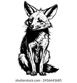 Aardwolf sitting engraving drawing of wild animal, monochrome isolated artwork