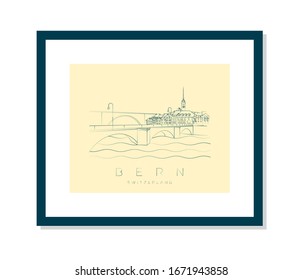 Aare river and the old town of Bern, vector illustration and typography design, Switzerland  