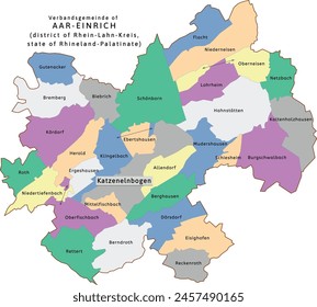 Aar-Einrich verbandsgemeinde map of Rhein-Lahn-Kreis district Rhineland-Palatinate (Rheinland-Pfalz) state in Germany. Vectored. Retro colors