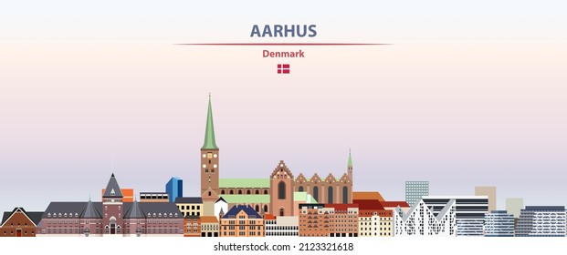 Aarhus cityscape on sunset sky background vector illustration with country and city name and with flag of Denmark