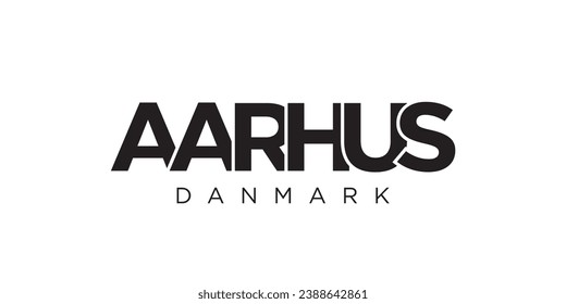 Aarhus in the Denmark emblem for print and web. Design features geometric style, vector illustration with bold typography in modern font. Graphic slogan lettering isolated on white background.