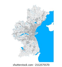 Aarhus, Denmark high resolution vector map with city boundaries and editable paths. White outlines for main roads. Many detailed paths. Blue shapes and lines for water.