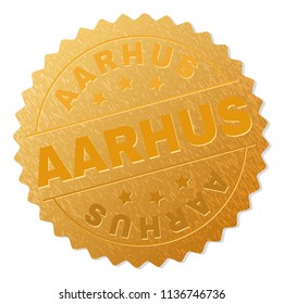 AARHUS gold stamp seal. Vector golden medal of AARHUS text. Text labels are placed between parallel lines and on circle. Golden surface has metallic texture.