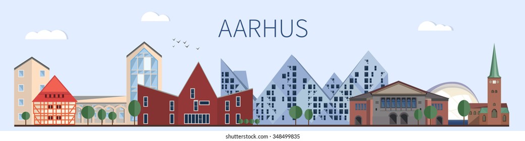 Aarhus landmarks and monuments in flat style. Aarhus skyline 