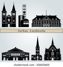 Aarhus landmarks and monuments isolated on blue background in editable vector file