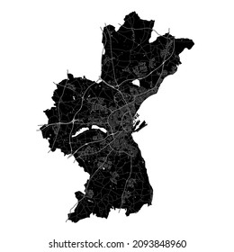 Aarhus Municipality, Denmark, high resolution vector map with city boundaries, and editable paths. The city map was drawn with white areas and lines for main roads, side roads and watercourses on blac