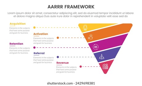 AARRR metrics framework infographic template banner with funnel cutted or sliced shape with 5 point list information for slide presentation