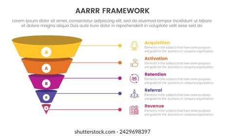 AARRR metrics framework infographic template banner with funnel 3d shadow dimension shape with 5 point list information for slide presentation