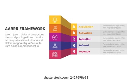 AARRR metrics framework infographic template banner with creative box table shadow 3d style with 5 point list information for slide presentation