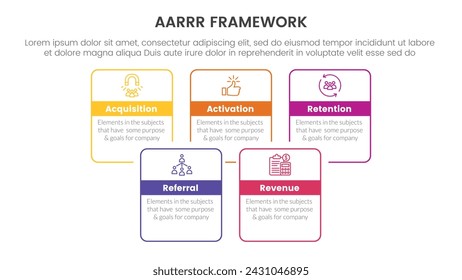 AARRR metrics framework infographic template banner with square rectangle box joined combine outline with 5 point list information for slide presentation