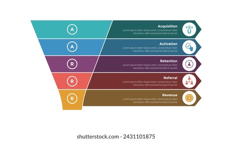 aarrr metrics framework infographics template diagram with funnel with arrow box description with 5 point step design for slide presentation