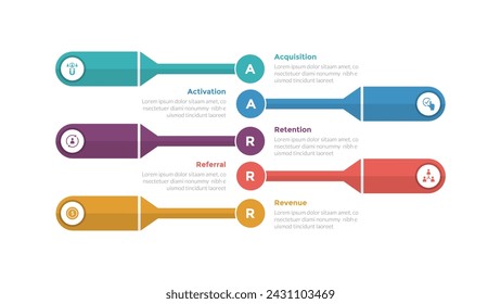 AARR Metrics Framework Infografik Vorlagendiagramm mit kreativem Rechteck-Shape-Stack mit 5-Punkt-Schritt-Design für die Folienpräsentation
