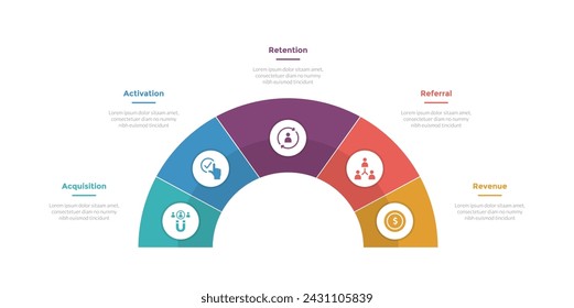 diagrama de plantilla de infografía con semicírculo de velocímetro en el centro con diseño de paso de 5 puntos para presentación de diapositivas