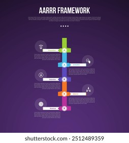 AARRR pirate metrics framework infographic template with vertical timeline and transparent circle on edge with dark background with 5 point for slide presentation vector