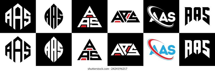 AAS Brief Logo Design in sechs Stil. AAS Polygon, Kreis, Dreieck, Hexagon, flacher und einfacher Stil mit schwarz-weißem Farbänderungslogo in einem Zeichenbrett. AAS-minimalistisches und klassisches Logo
