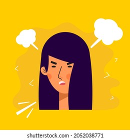 Aasian women avatar characters with angry expression. Evil people flat vector illustration. female portrait. Adorable girl trendy icon