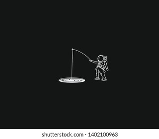 Aastronaut with a spinning rod catching fish on a hole, Flat Line Art Vector Design illustration.