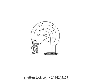 Aastronaut with a spinning rod catching fish on a hole, Flat Line Art Vector Design illustration.