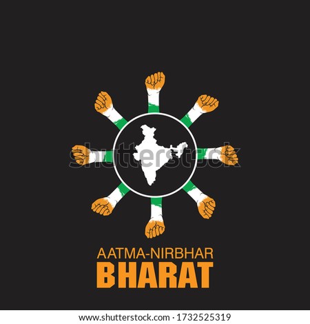 Aatmnirbhar Bharat (Self dependent India), VECTOR ILLUSTRATION FOR SELF DEPENDENT INDIA, ILLUSTRATION IS SHOWING INDIAN MAP WITH UNITY HANDS IN INDIAN FLAG BACKGROUND