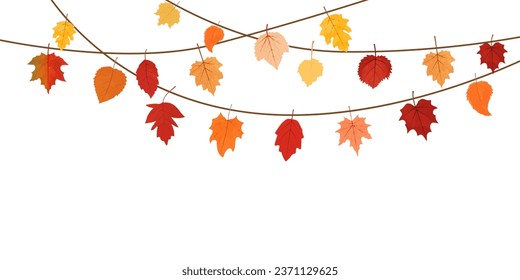 Aautumn leaves hanging on a string.Garland with a leaves.Autumn leaf border.Autumn leaves border frame.Autumn leaf seamless border.Horizontal border with colorful leaves.