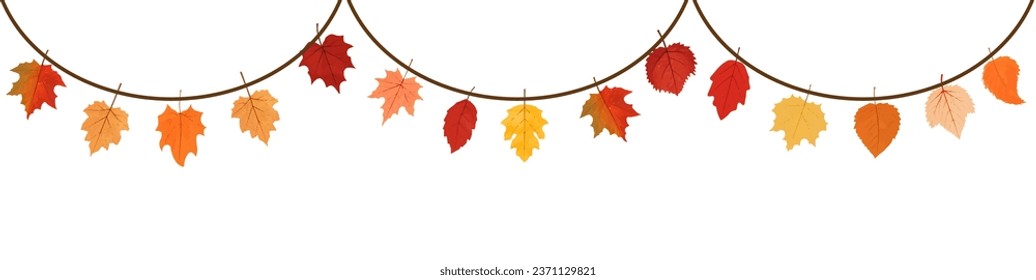 Aautumn leaves hanging on a string.Garland with a leaves.Autumn leaf border.Autumn leaf border frame.Autumn leaves seamless border.Horizontal border with colorful leaves.