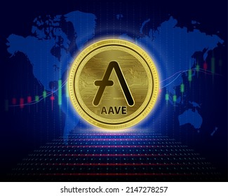 Moneda de Aave (AAVE). Ilustración vectorial 3D. Cryptocurrency blockchain (divisa criptográfica) Futura tecnología de reemplazo digital. El gráfico plateado de crecimiento virtual de la moneda es un antecedente.