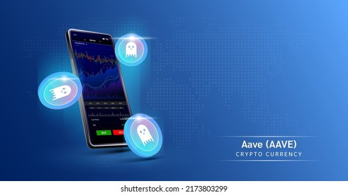 Aave coin and Phone. App for trading crypto currency on the touch screen smartphone. Data analytics stock market. Mobile banking cryptocurrency. Vector 3d. 