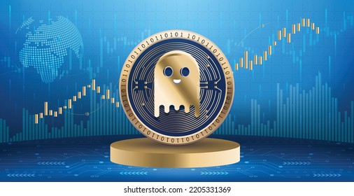 Aave crypto currency coin logo and symbol over financial infographic background. Futuristic technology vector illustration banner and wallpaper 