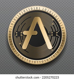 Aave (AAVE) cryptocurrency golden coin isolated in transparent background. Virtual currency token symbol vector illustration based on cryptography and block chain technology.