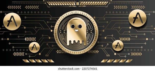 Aave cryptocurrency golden coin on futuristic technology background vector illustration banner and wallpaper template 
