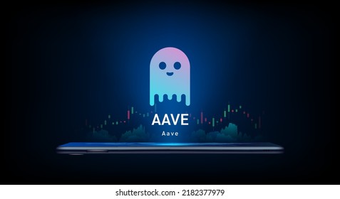 Aave cryptocurrency symbol come out from smartphone with growth chart. Trading crypto currency on application. Financial investment banner for news or website. Icon coin token vector EPS10.