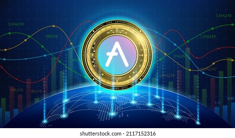 Aave gold coin. Token cryptocurrency currency on future internet. Digital online technology blockchain stock market and crypto currencies. Hologram with a globe and world map. Vector EPS10.